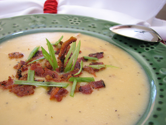 Potato soup garnished with bacon