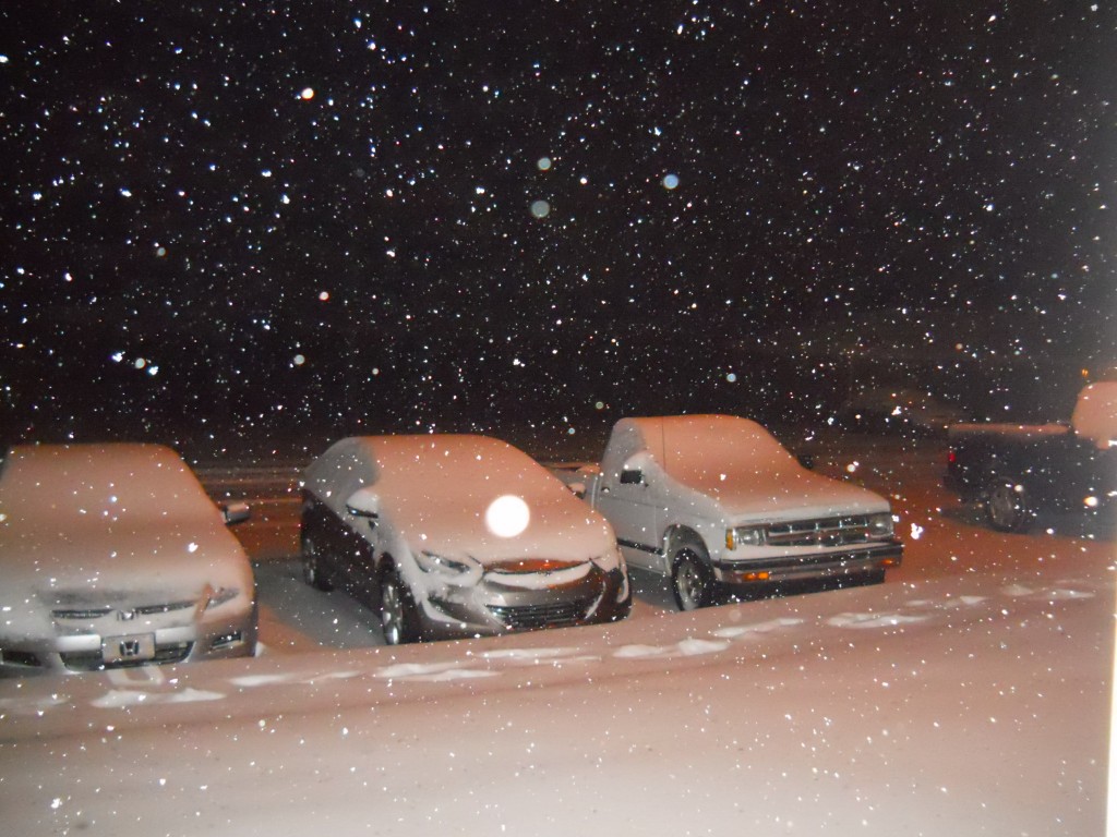 The snow piles up throughout the evening